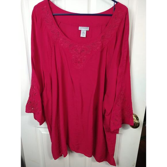 Catherines Woman 5X Pink Tunic Blouse 3/4 Sleeve Paisley Open Embroidery... - Picture 1 of 12